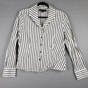 Jones New York Size L Button Up Blouse White Black Gold Stripe Office Classic